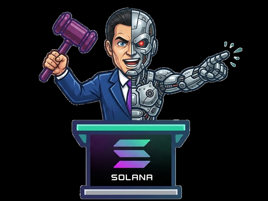 Paygentic auctioneer &mdash; half human, half machine, gavel raised at a glass podium.